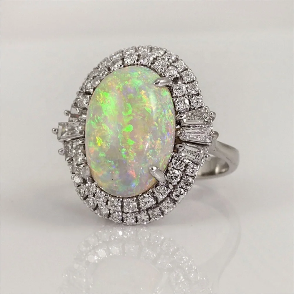 New Elegant 925 Silver Fire White Opal Ring